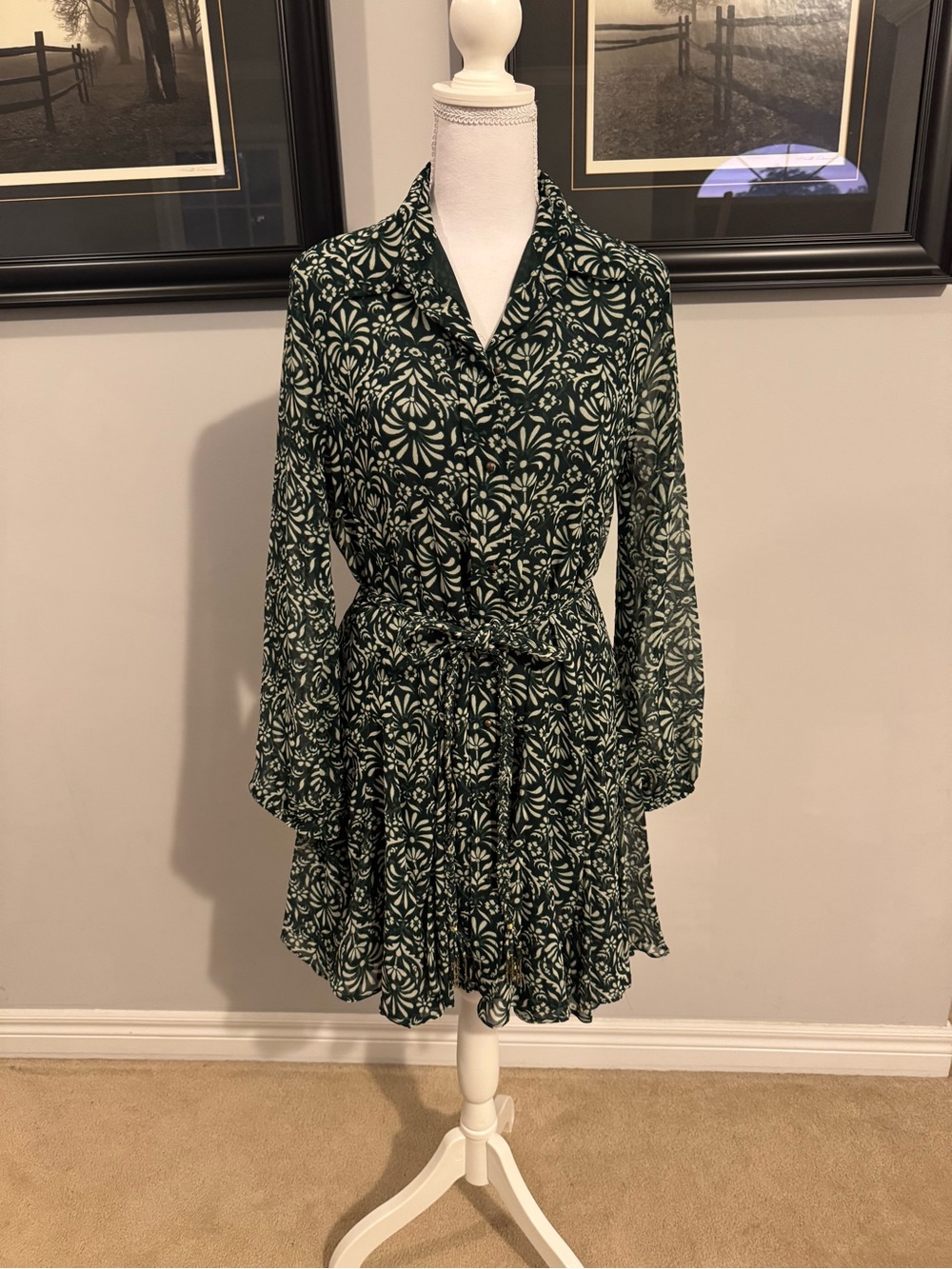 Zara Dark Green Floral Tie-Waist Long Sleeve Dress